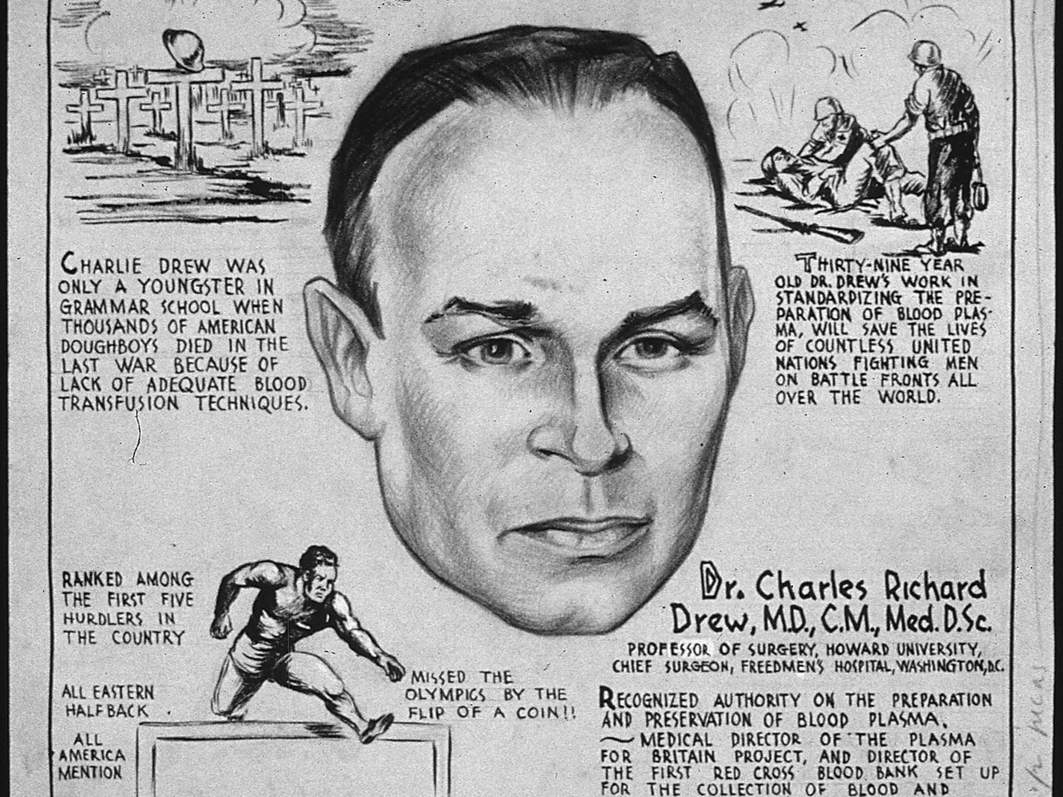 Cartaz de guerra com o retrato desenhado de Charles Richard Drew