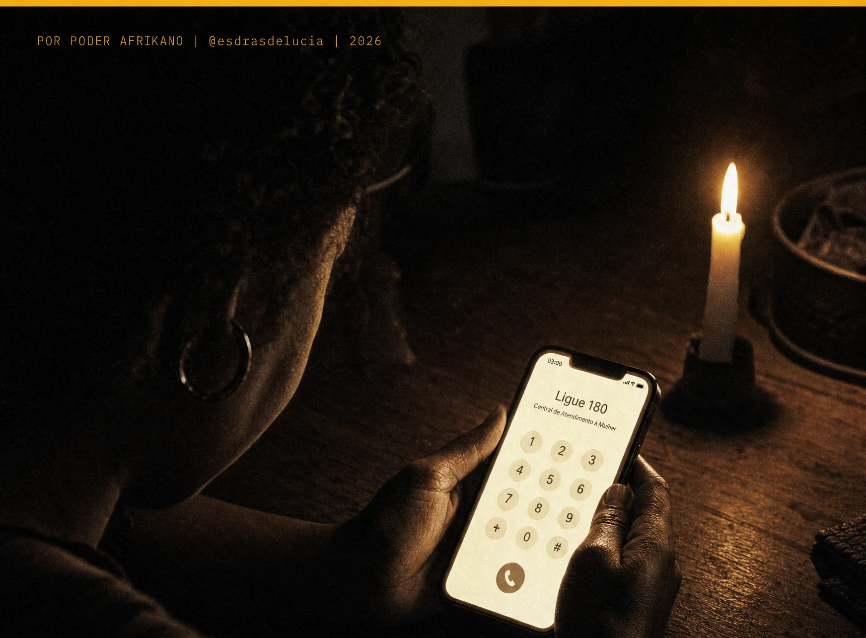 Mulher negra ao celular na madrugada à luz de vela