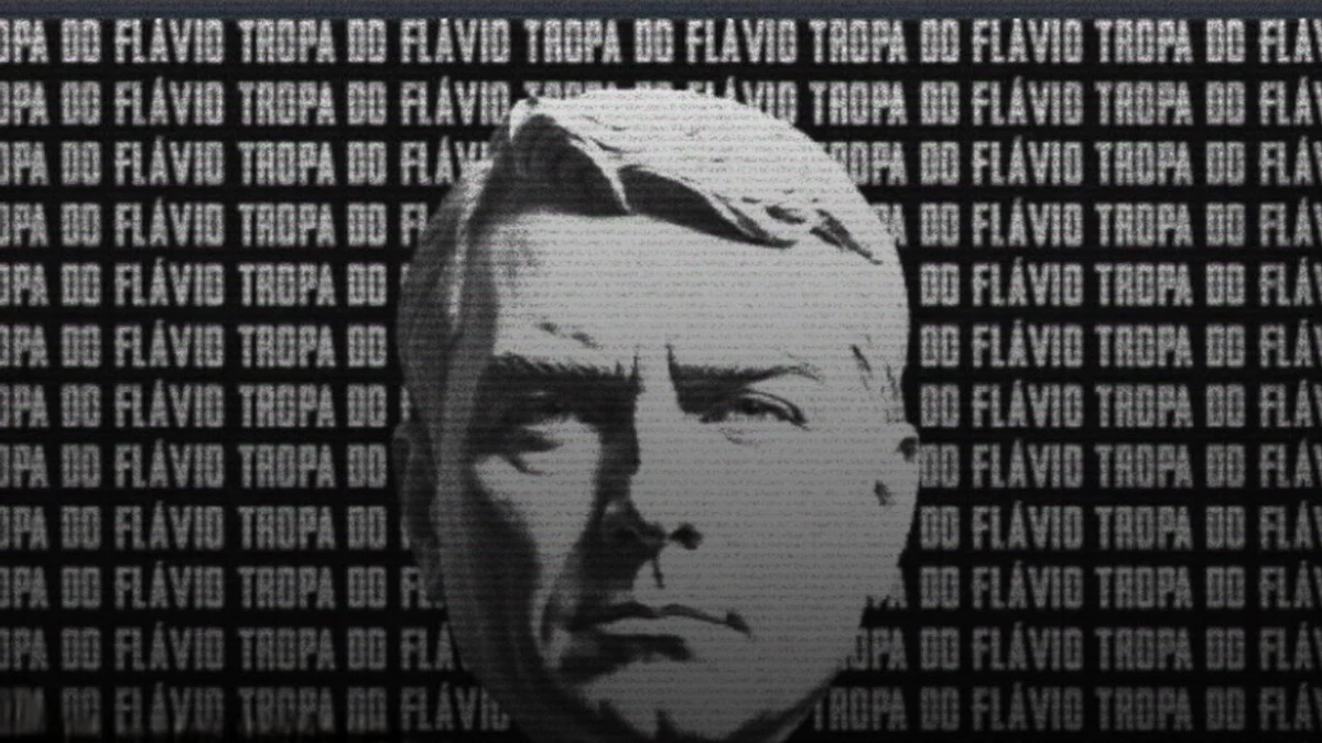 Arte com rosto de Flávio Bolsonaro ampliado em alto contraste sobre fundo com o slogan 'Tropa do Flávio' repetido
