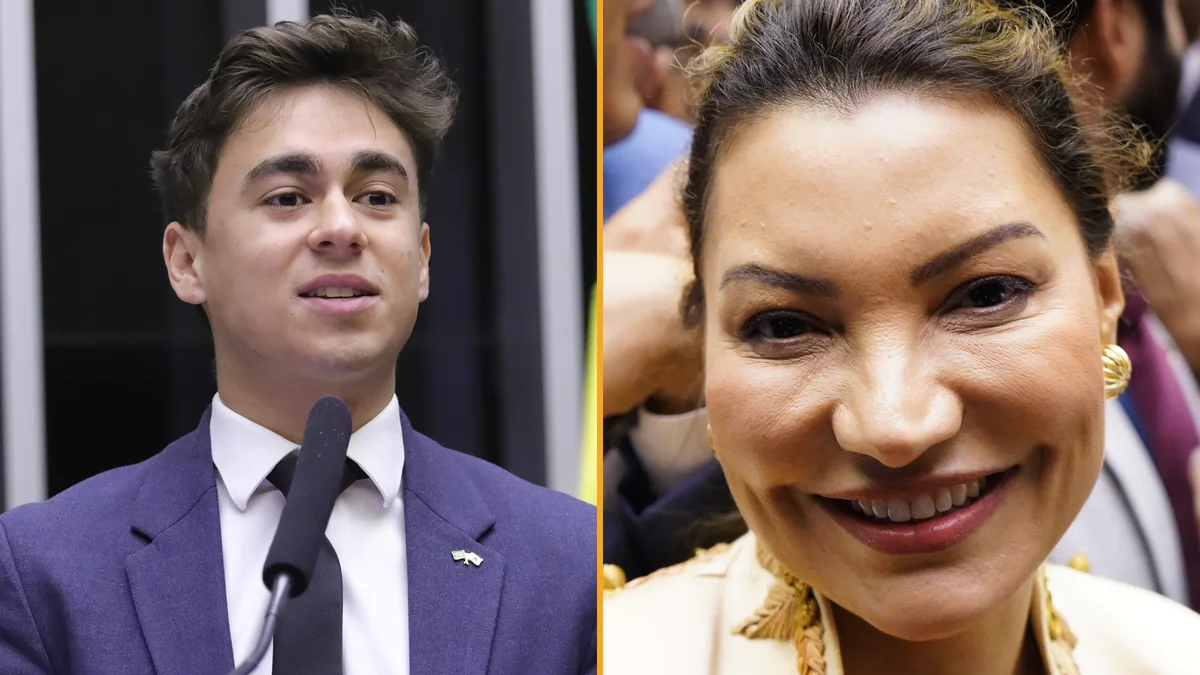 O deputado Nikolas Ferreira, à esquerda, e Janja Lula da Silva, à direita