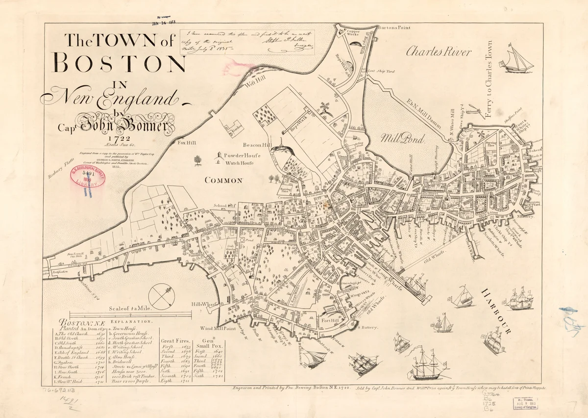 Mapa da cidade de Boston desenhado por John Bonner em 1722