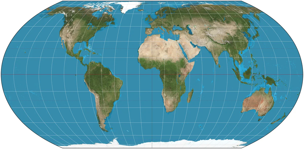Mapa-múndi na projeção Equal Earth, com os continentes em proporção de área