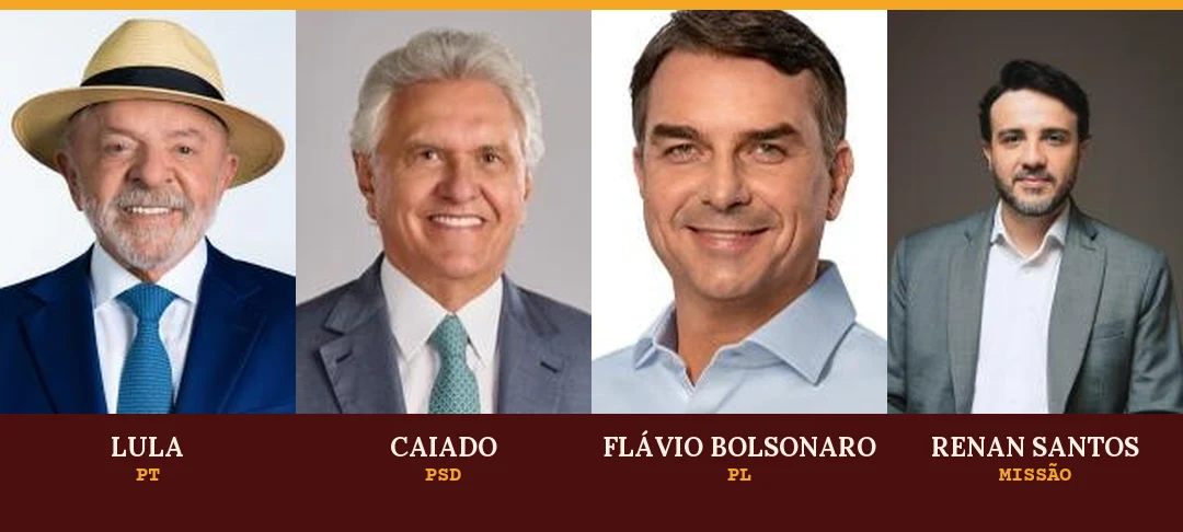 Fotos oficiais de candidatura de Lula, Ronaldo Caiado, Flávio Bolsonaro e Renan Santos, lado a lado