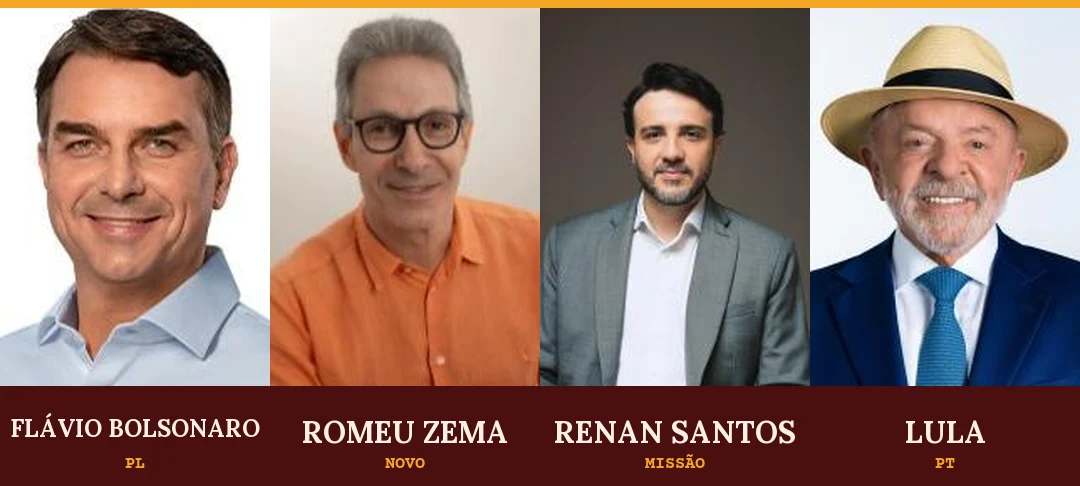 Fotos oficiais de candidatura de Flávio Bolsonaro, Romeu Zema, Renan Santos e Lula, lado a lado