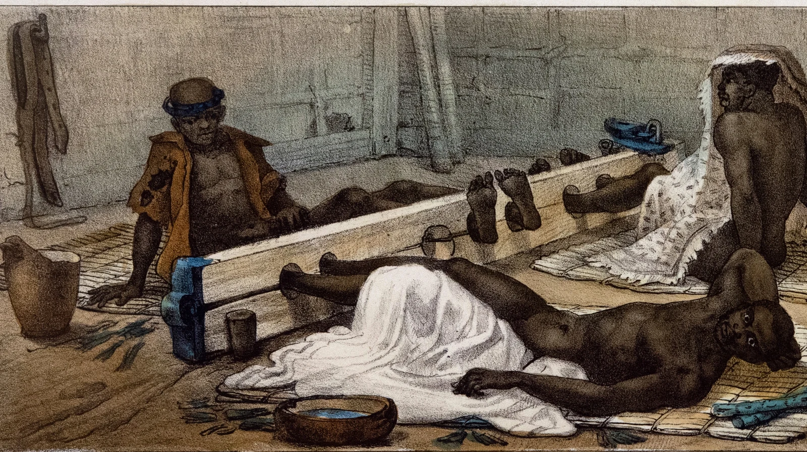 Detalhe da prancha Nègres ào Tronco, de Jean-Baptiste Debret, com pessoas escravizadas presas pelas pernas em uma peça de madeira com furos