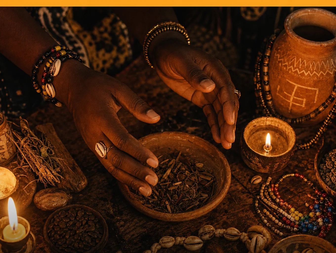 Mãos negras sobre mesa de ritual com búzios, velas e ervas