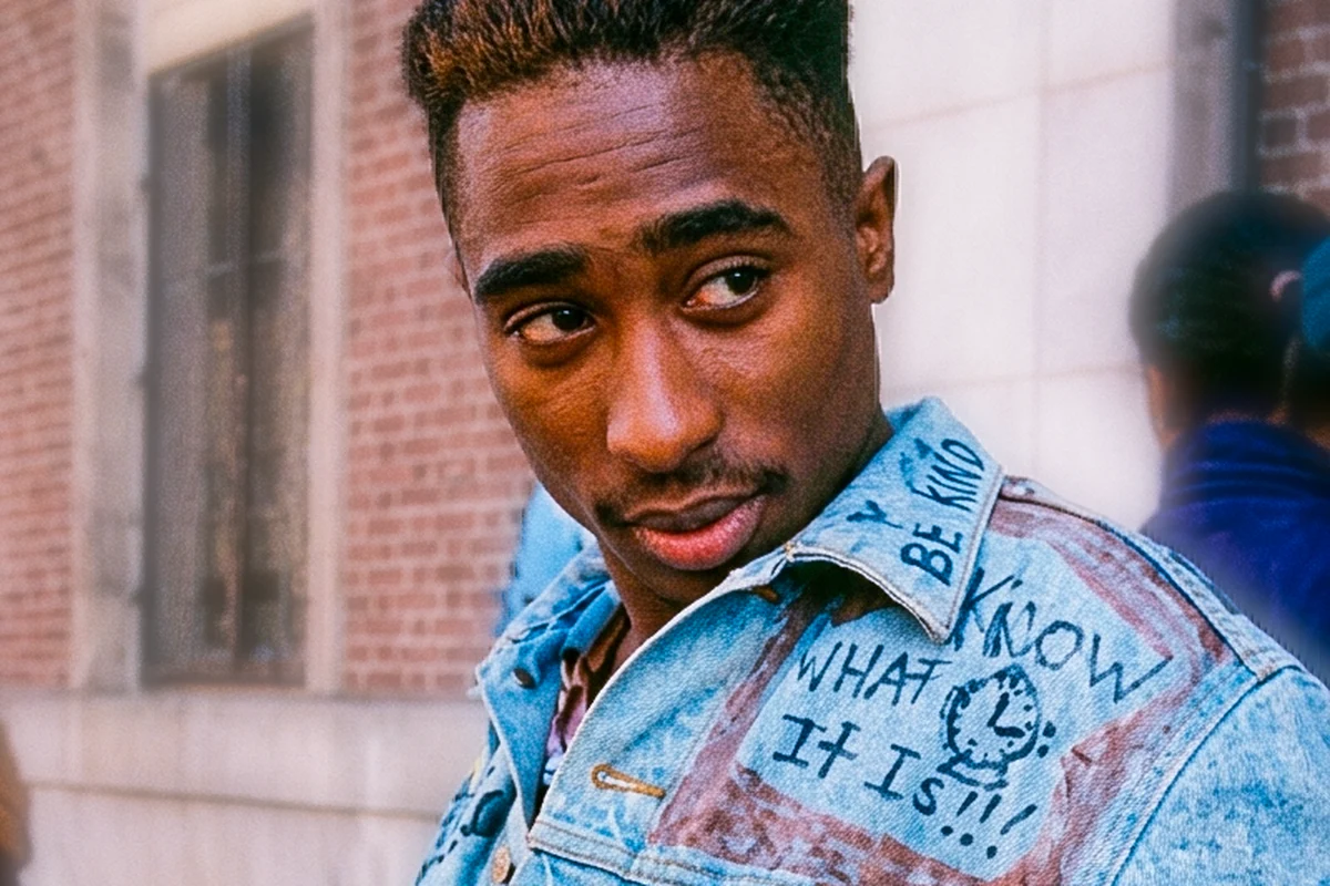 Tupac Shakur aos 17 anos, em 1988, de jaqueta jeans pintada à mão com a frase Free Mandela