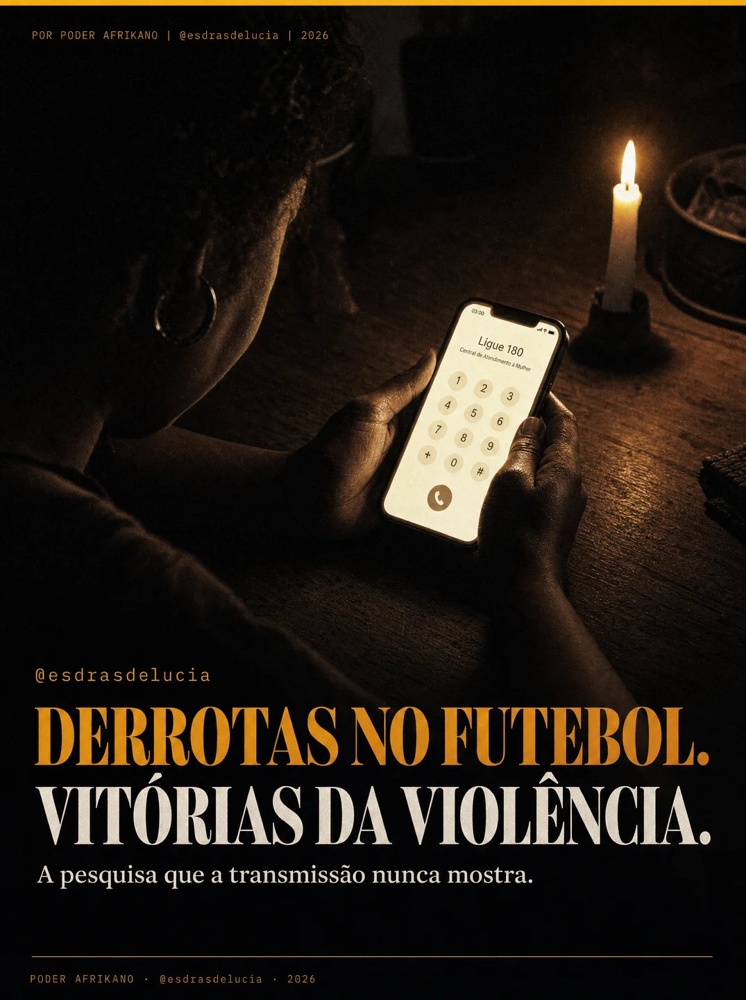 Mulher negra segurando celular à luz de vela, com a tela do Ligue 180 aberta